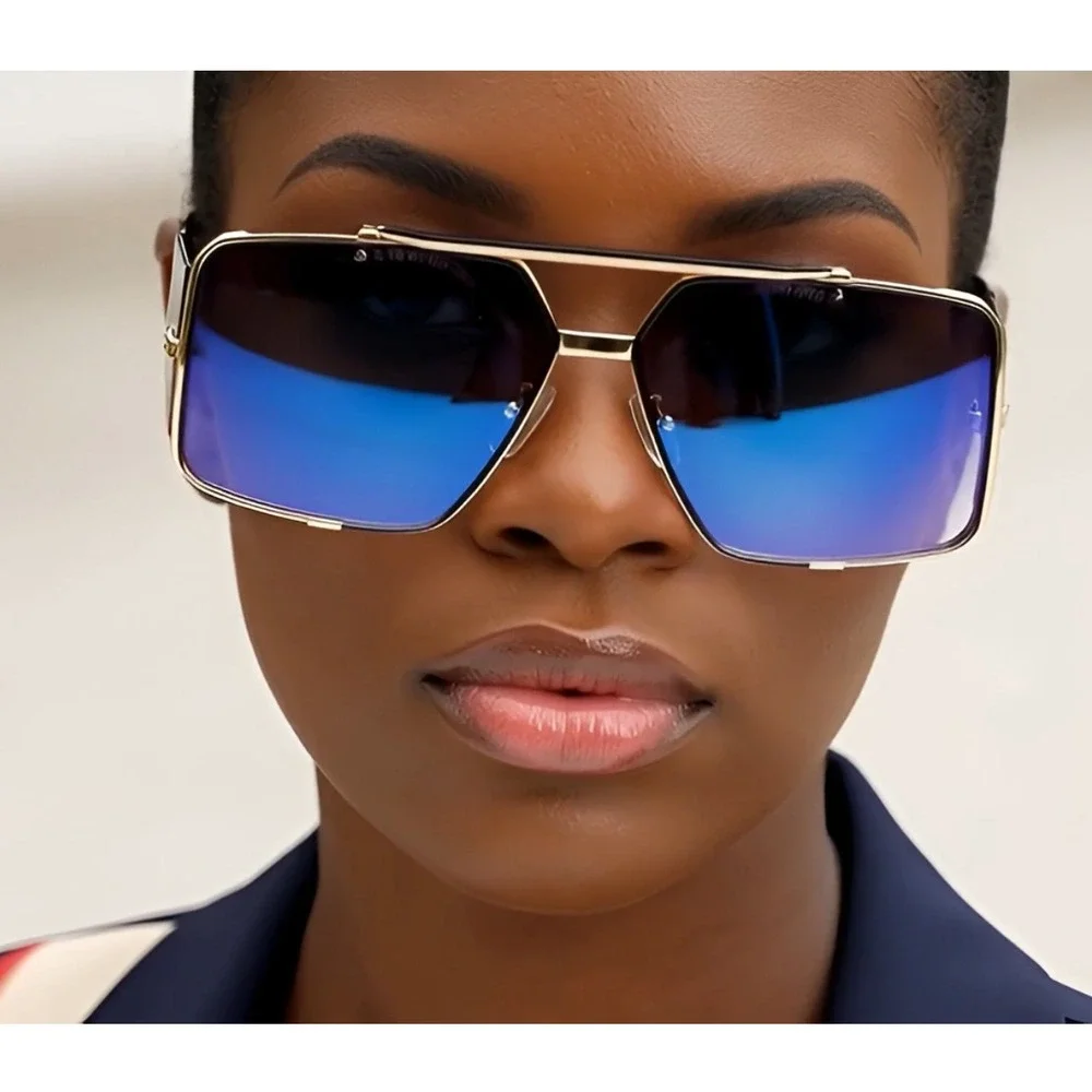 Oversized Square Sunglasses Gold Frame Gradient Blue Lenses Women's Fashion 2026